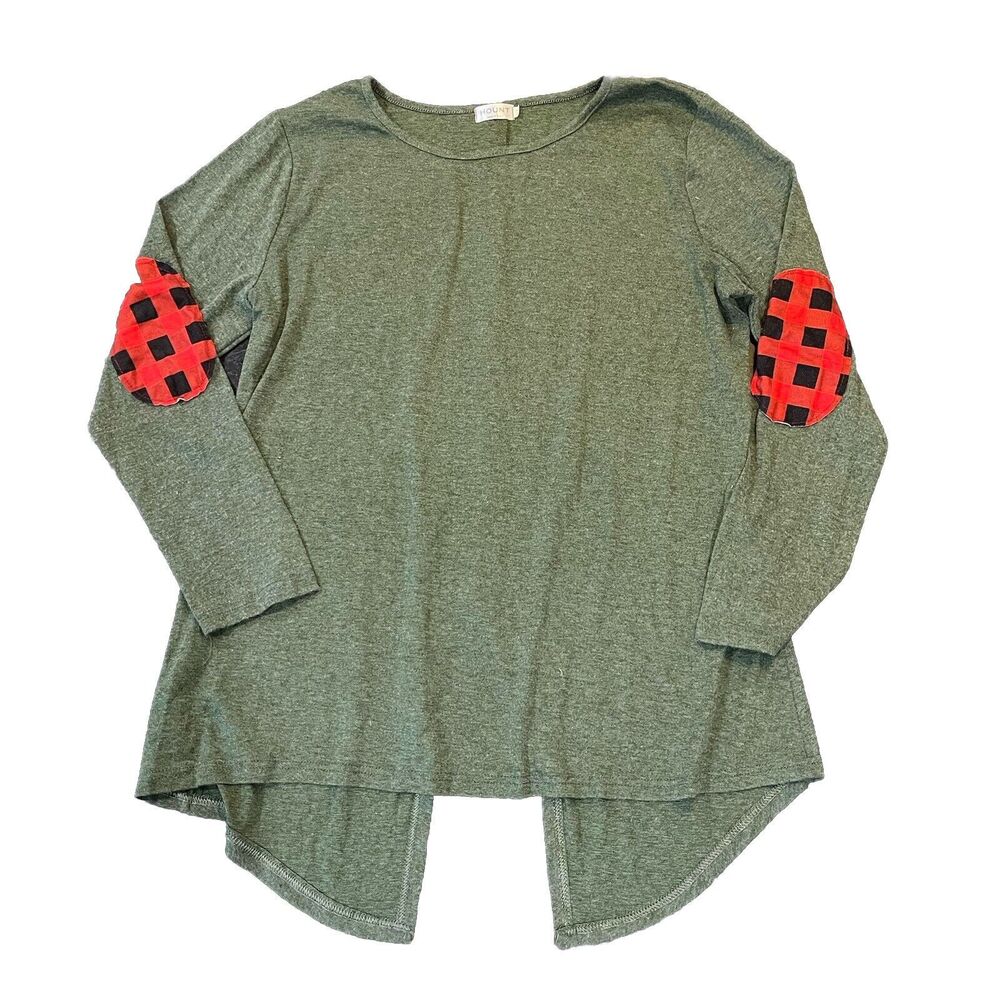 Pullover Sweater Button Back Elbow Patches Buff Plaid Red Green Long Sleeves XL
